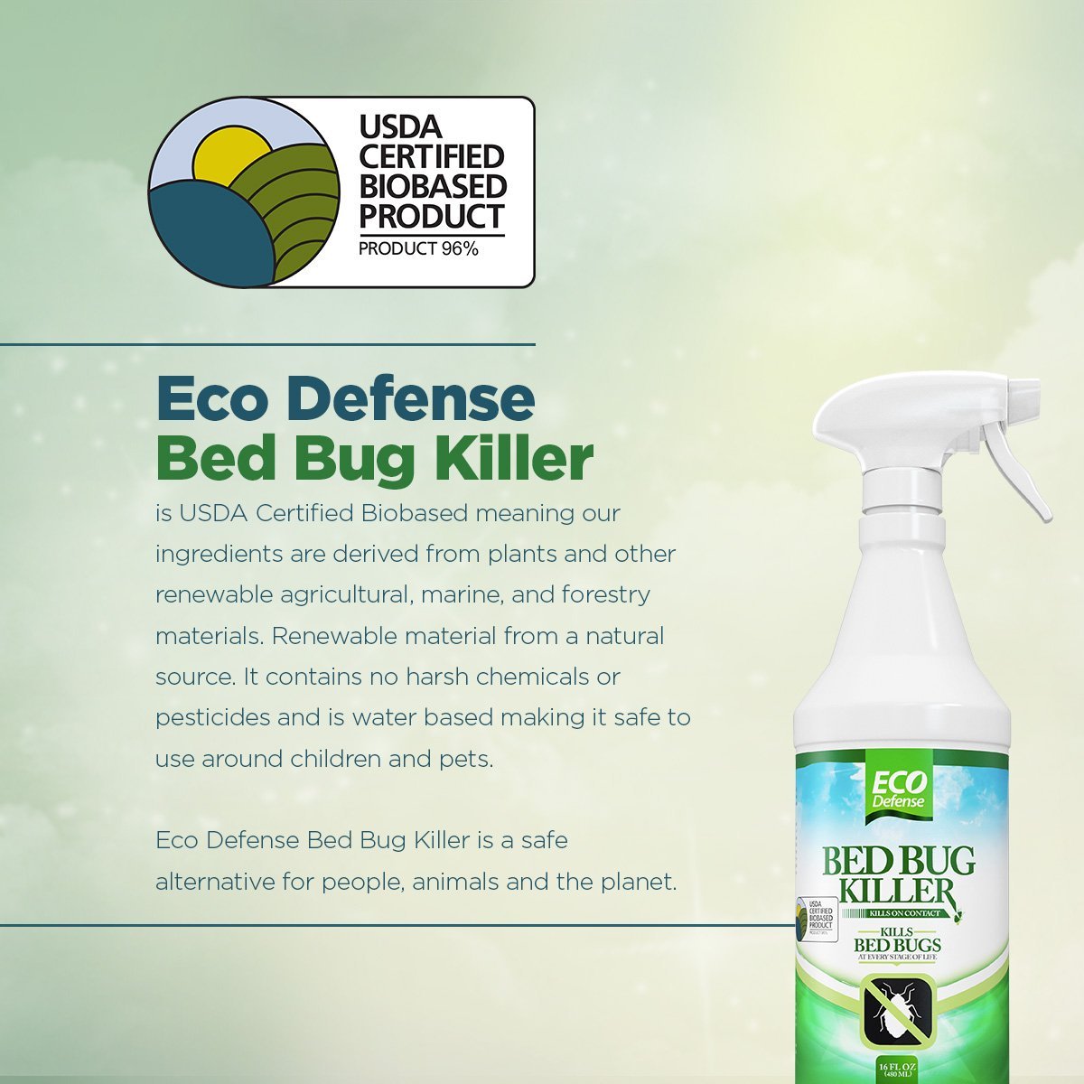 Eco Defense Bed Bug Spray - USDA Biobased - Bed Bug Killer & Dust Mite Spray - Child & Pet Friendly* - Natural Repellent Treatment - 16 oz