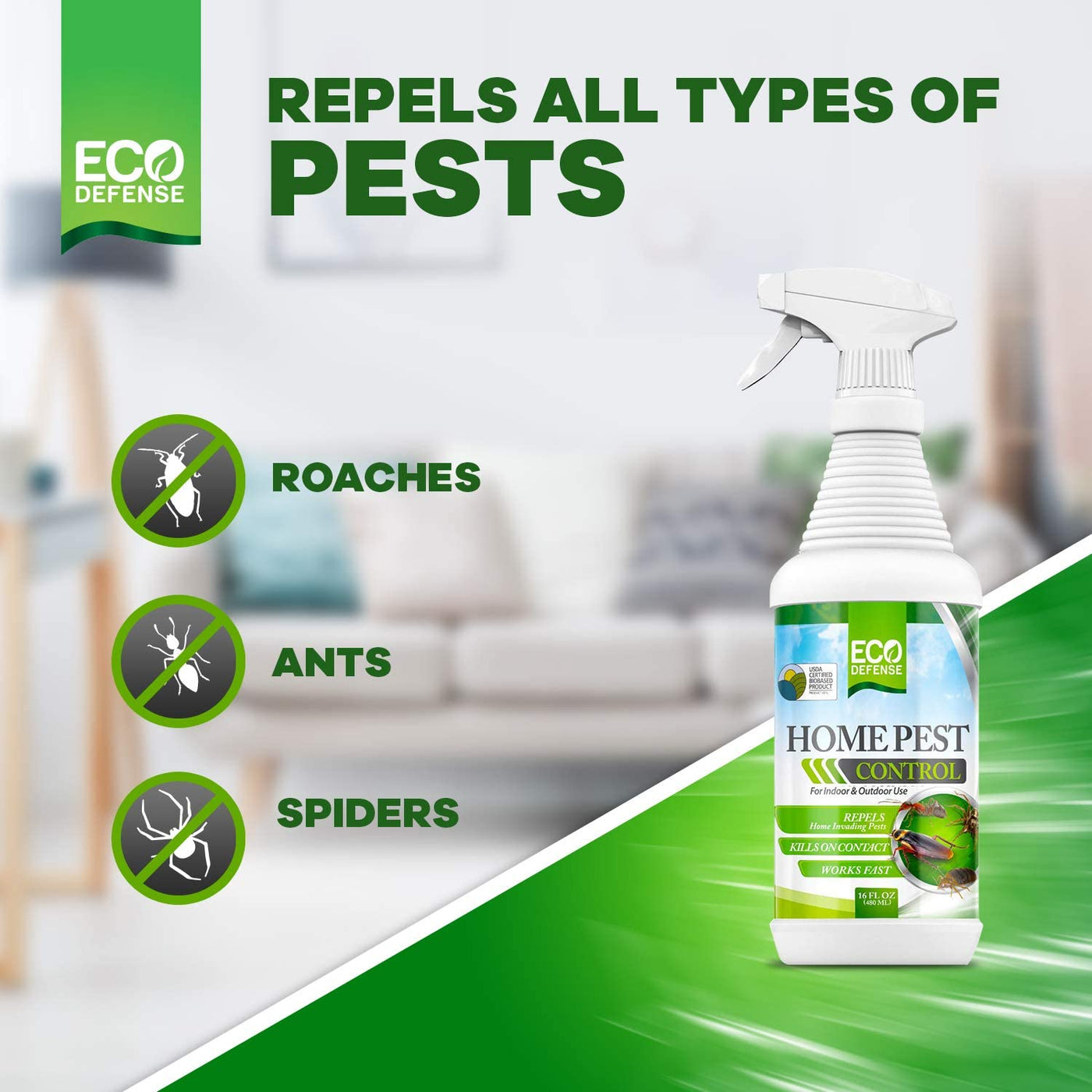 Eco Defense USDA Biobased Pest Control Spray - Ant, Roach, Spider, Bug Killer and Repellent - Natural Indoor & Outdoor Repellent Spray - Child & Pet Friendly